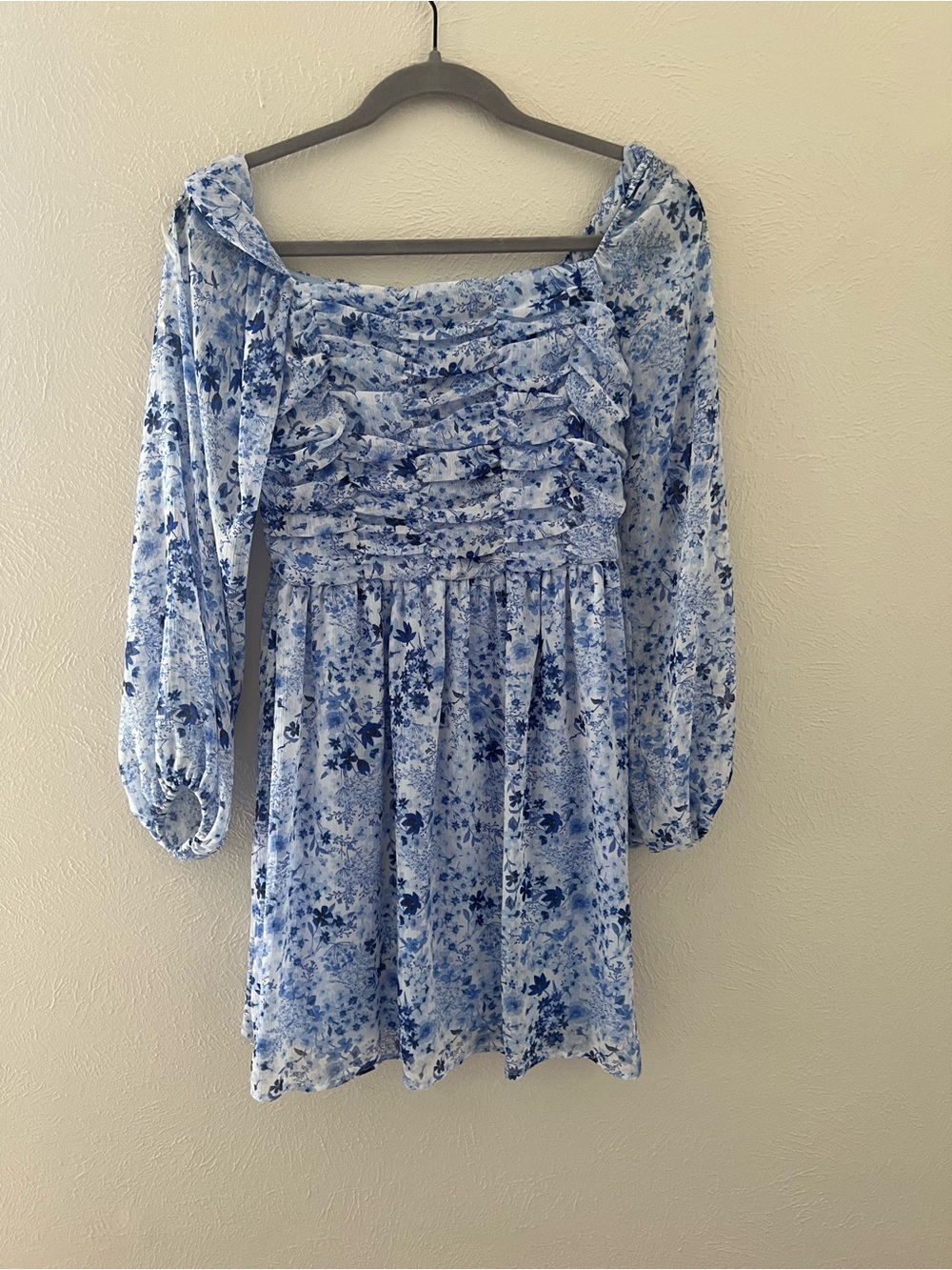 Crystal Doll Blue Floral Long-Sleeve Ruffle Mini Dress